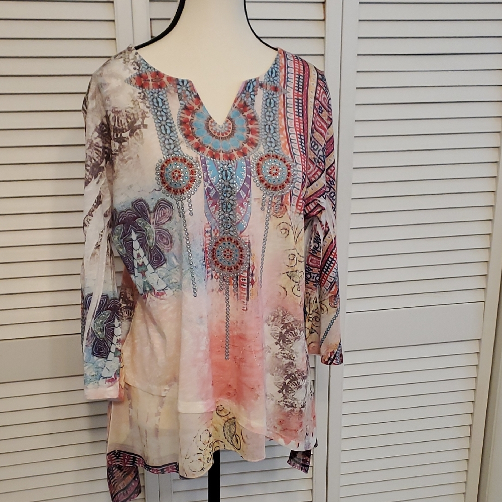 Jess & Jane Embellished Southwestern Top, Size Large